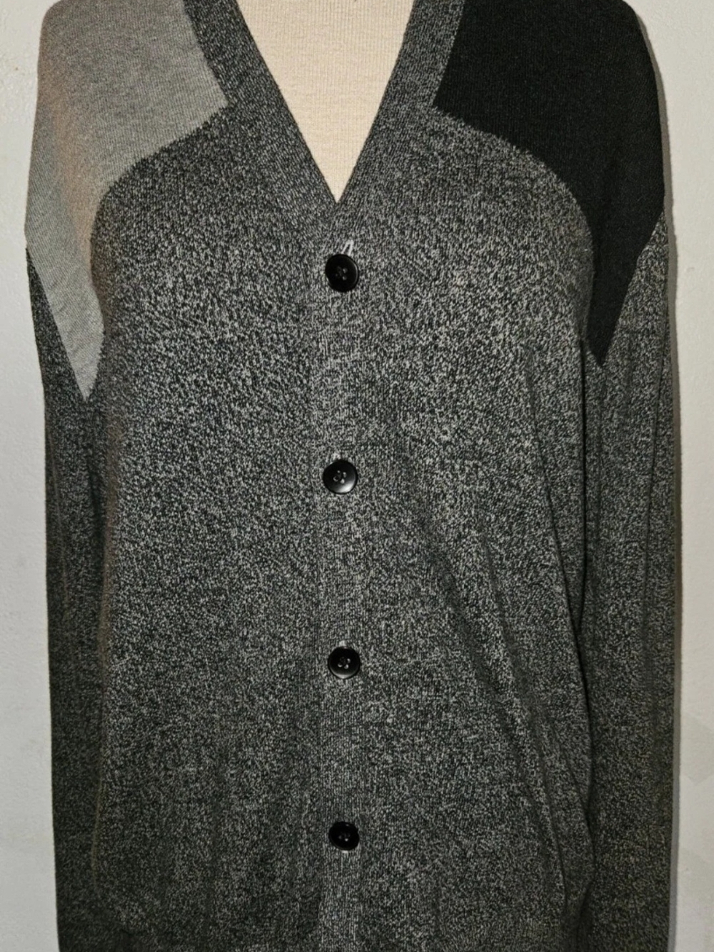 Perry Ellis Men Two-Tone Grey Button Front Cardigan Size Large V Neck Cotton Mix